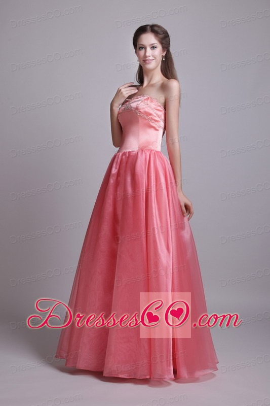 Watermelon A-line / Princess Long Organza Beading Prom Dress