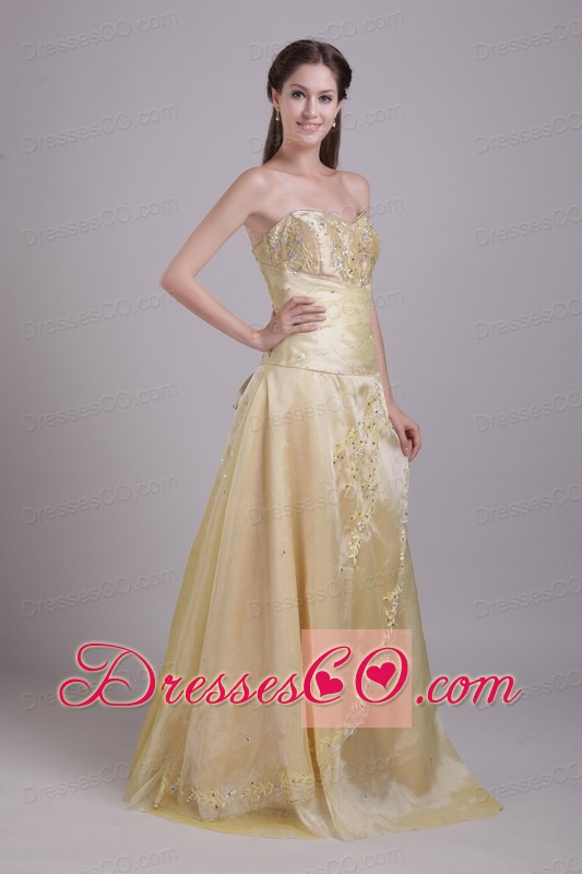 Champagne A-Line / Princess Brush Train Taffeta Beading and Appliques Prom / Evening Dress