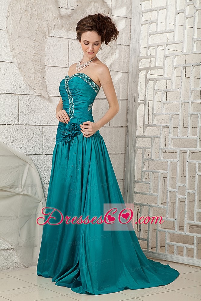 Beauty Turquoise A-line Prom Dress Taffeta Brush Train Beading