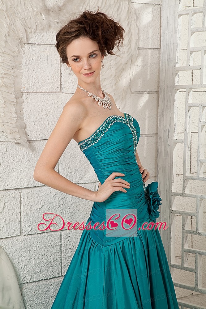 Beauty Turquoise A-line Prom Dress Taffeta Brush Train Beading