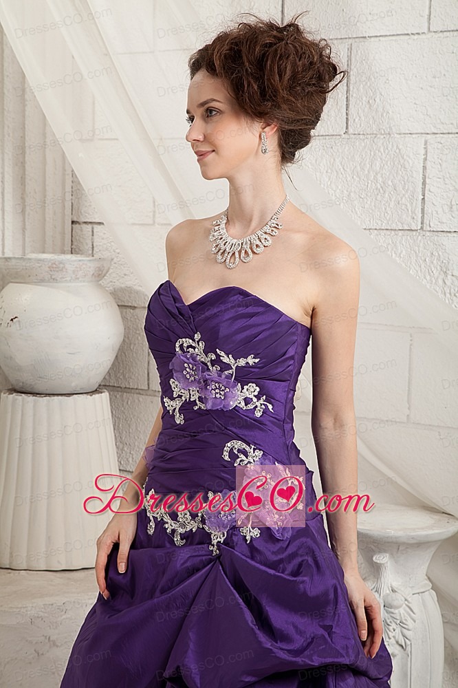 Sexy Purple A-line Prom Dress Appliques Brush Train Taffeta and Organza