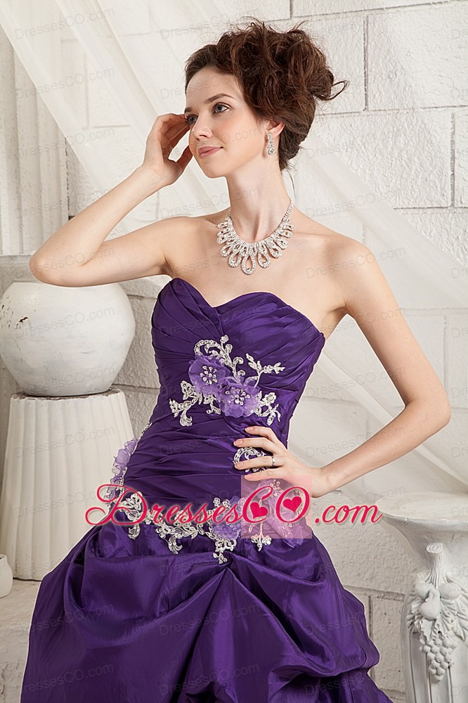 Sexy Purple A-line Prom Dress Appliques Brush Train Taffeta and Organza