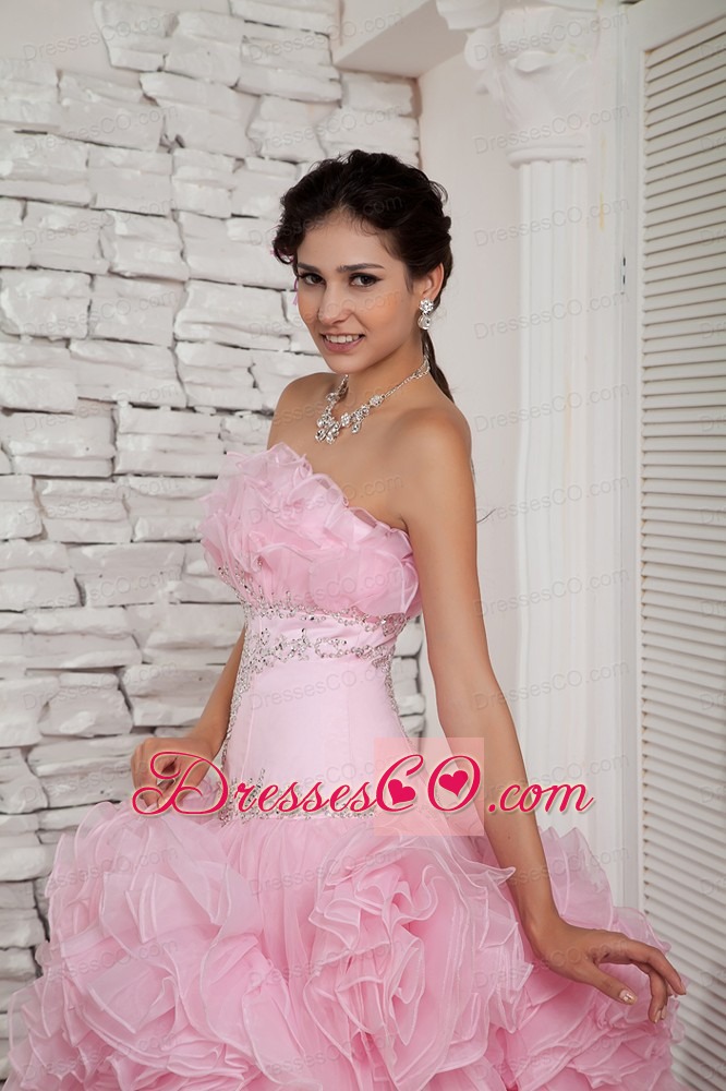 Simple Baby Pink Prom Dress A-line Strapless Organza Beading Long