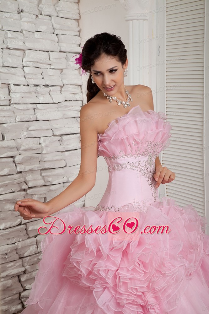 Simple Baby Pink Prom Dress A-line Strapless Organza Beading Long