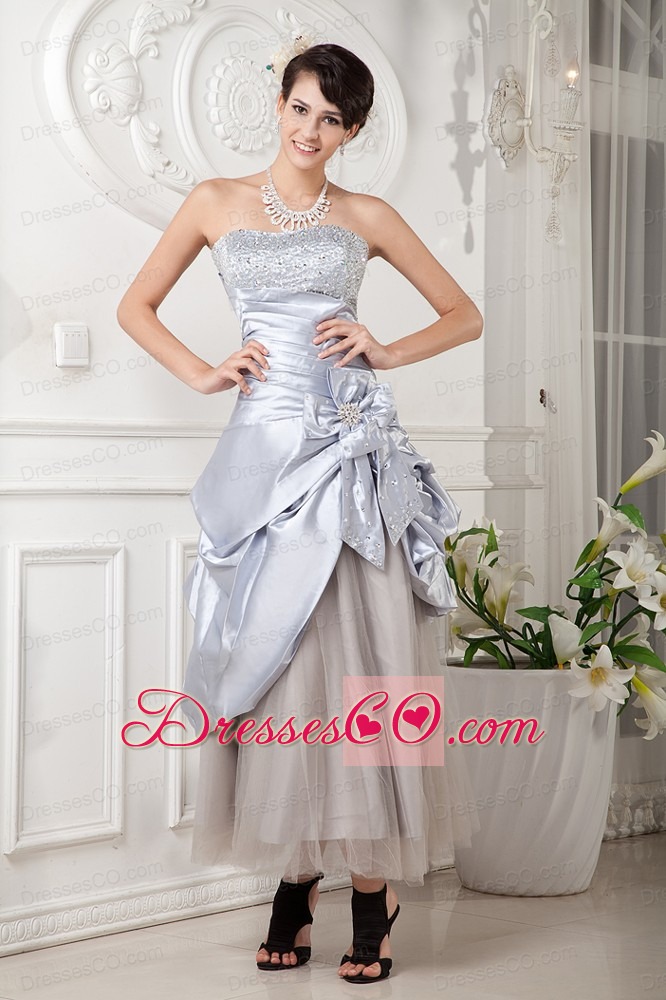 Lilac Column Strapless Ankle-length Satin And Tulle Beading Prom Dress