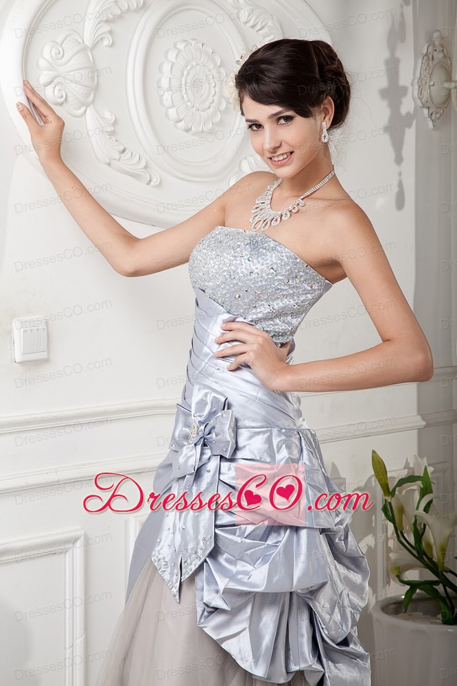 Lilac Column Strapless Ankle-length Satin And Tulle Beading Prom Dress