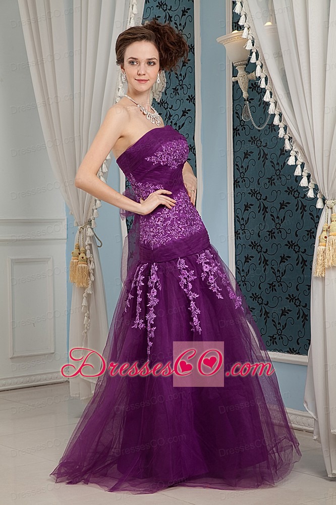 Cheap Elegant Purple Prom Dress Column Strapless Embroidery Long Tulle
