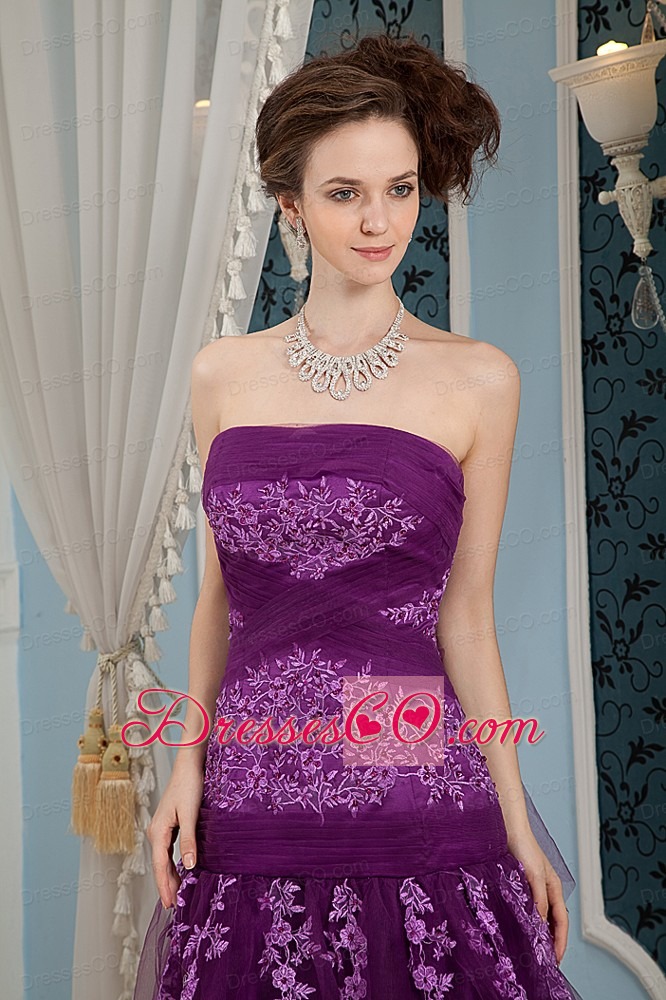 Cheap Elegant Purple Prom Dress Column Strapless Embroidery Long Tulle