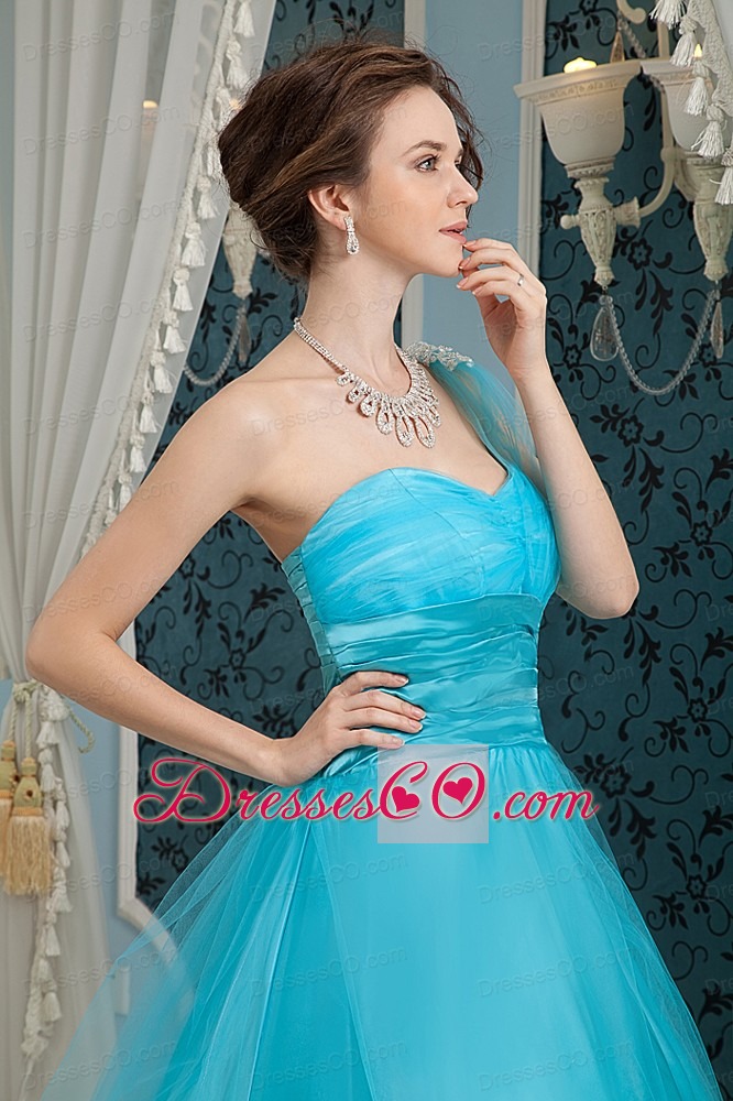 Elegant Teal Prom Dress A-line One Shoulder Tulle And Taffeta Appliques Long