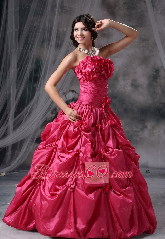 Hand Made Flowers and Pick-ups Decorate Bodice Ball Gown Coral Red Strapless Quinceanera Dress