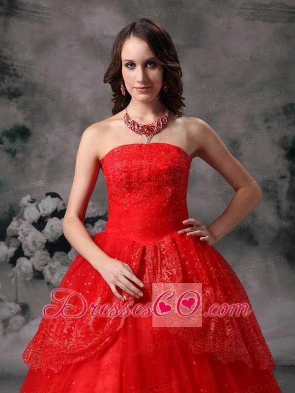 Custom Made Red Ball Gown Strapless Quinceanera Dress Sequin Long