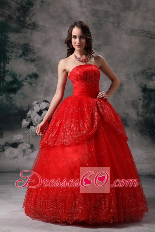Custom Made Red Ball Gown Strapless Quinceanera Dress Sequin Long