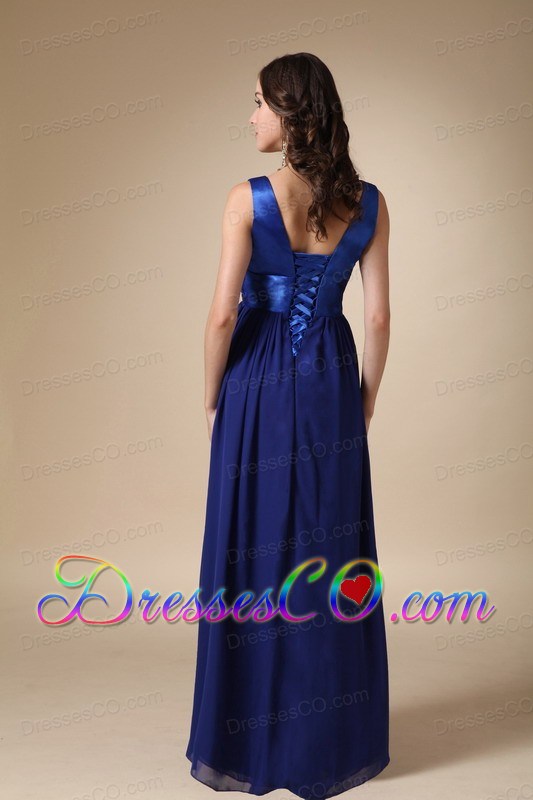 Royal Blue Empire V-neck Long Satin And Chiffon Hand Made Flower Prom / Evening Dress