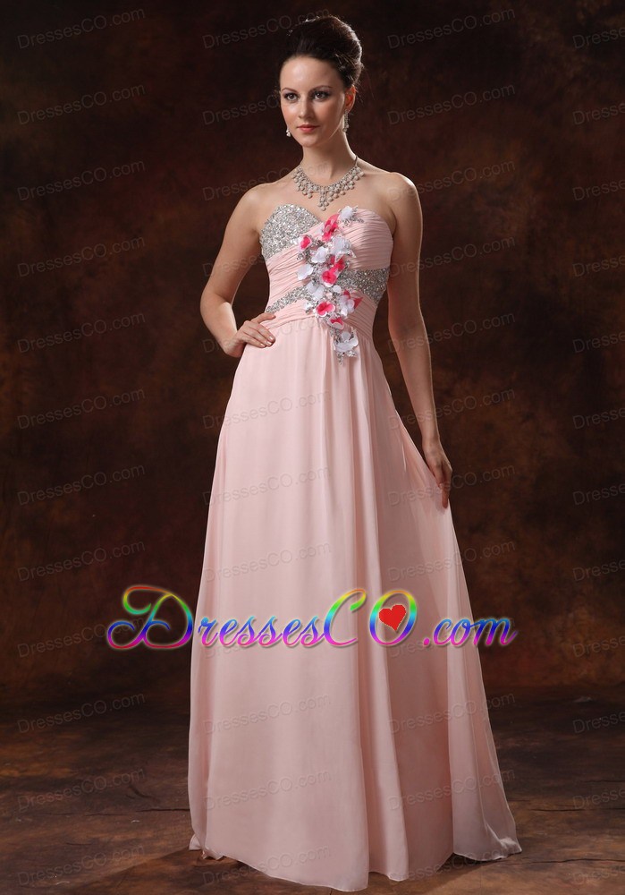 Baby Pink Beaded Decorate and Hand Made Flowers Prom Dress For Prom Party