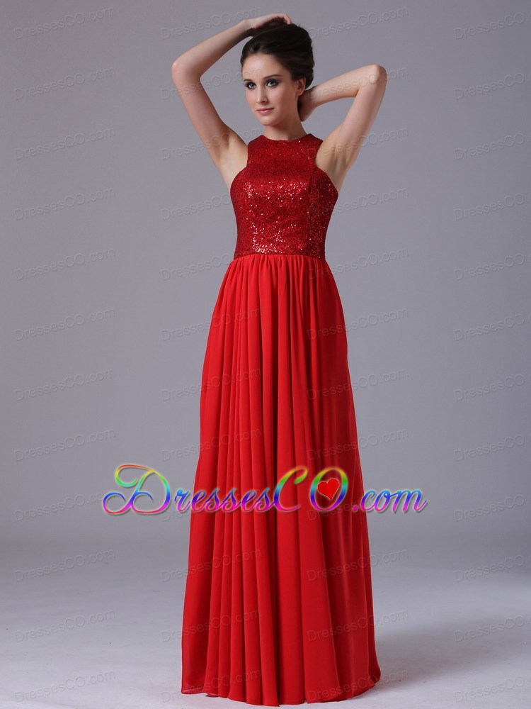 Paillette Over Skirt Chiffon High-Neck Empire Red Affordable Celebrity Prom Dress