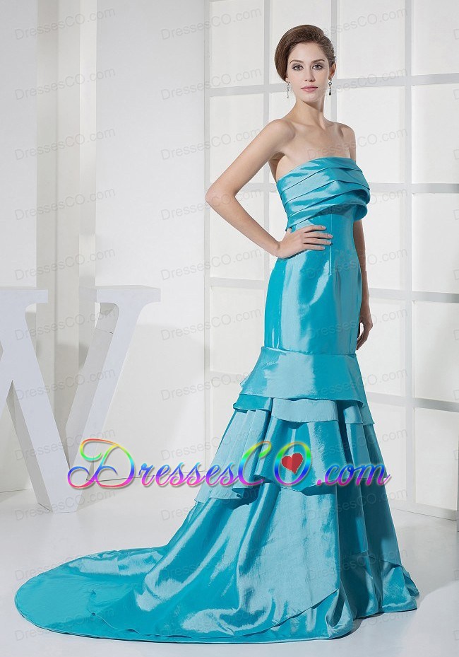 Ruffled Layers Decorate Bodcie Prom Dress For Formal Evening Aqua Blue Brush Train