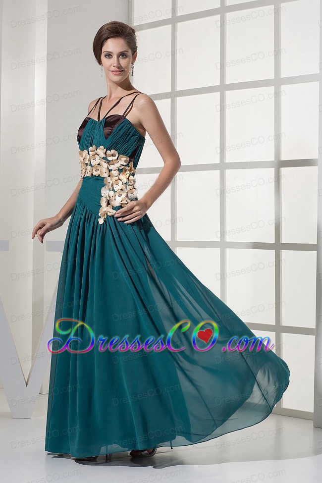 Teal Prom Dress With Hand Made Flowers and Straps