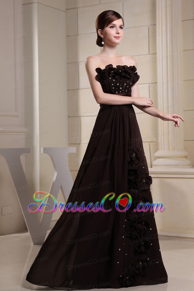 Brown Prom Dress With Hand Made Flowers and Strapless