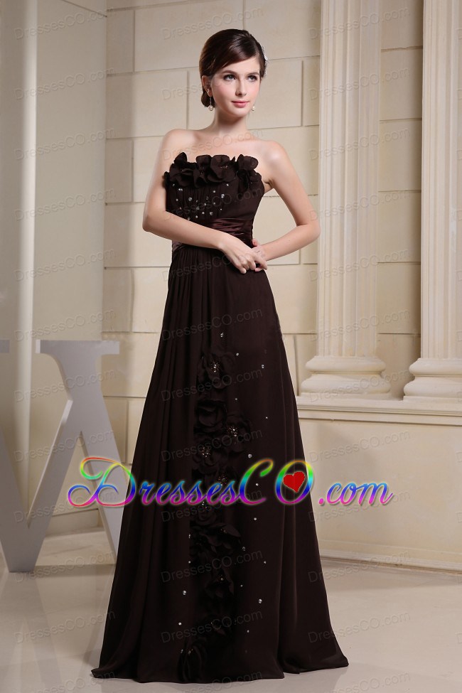 Brown Prom Dress With Hand Made Flowers and Strapless