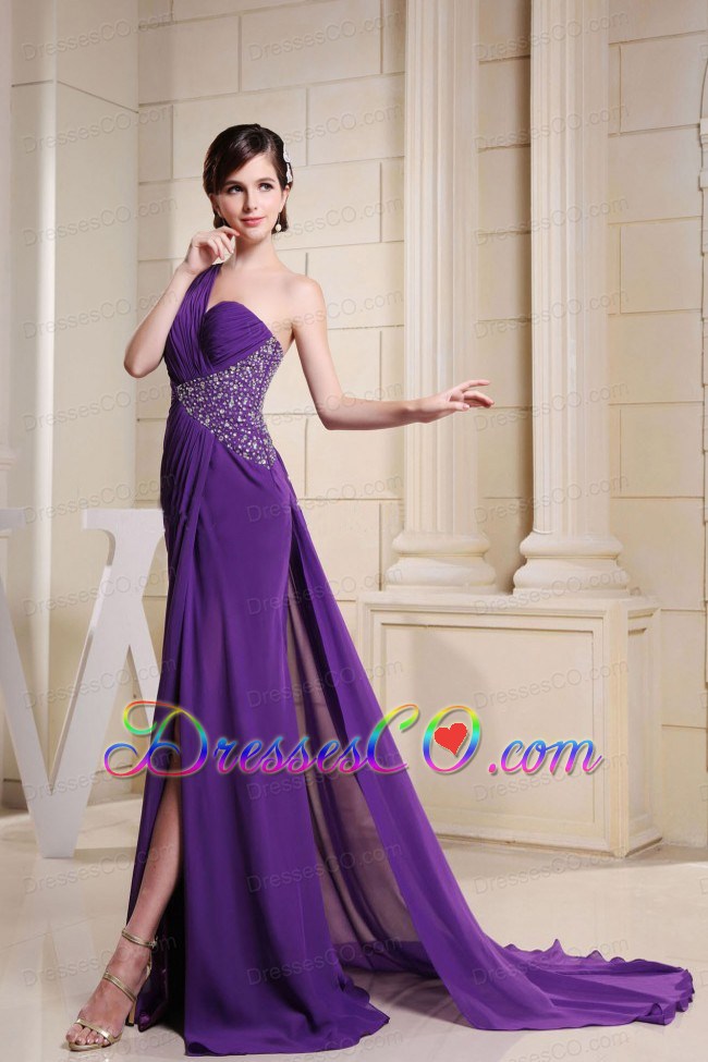 One Shoulder Beaded Decorate Waist For Prom Dress