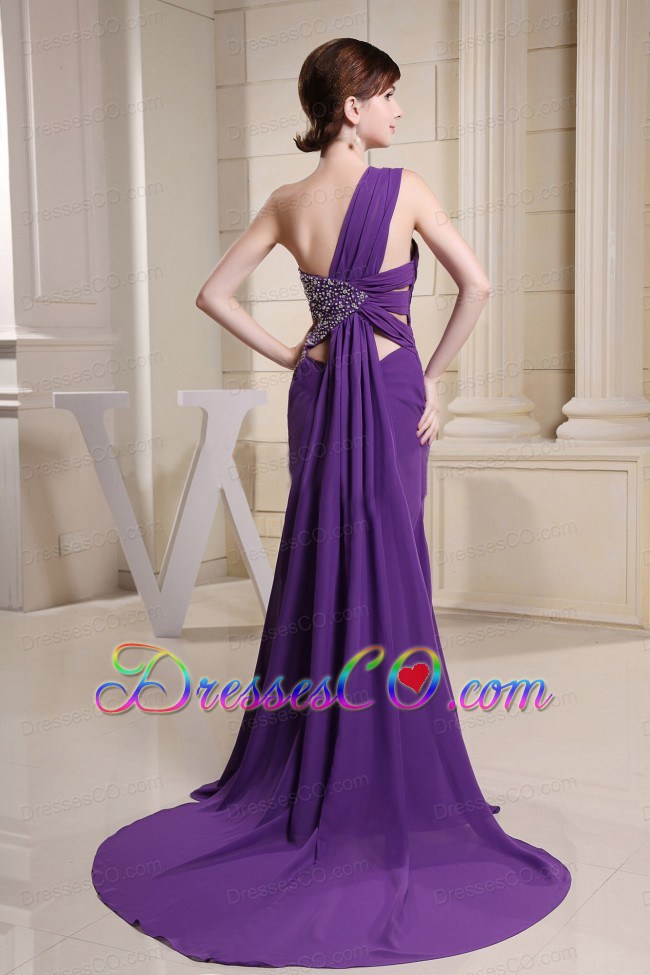 One Shoulder Beaded Decorate Waist For Prom Dress