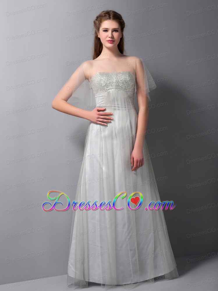 Customize Gray A-line Strapless Beading Bridesmaid Dress Long Tulle And Taffeta