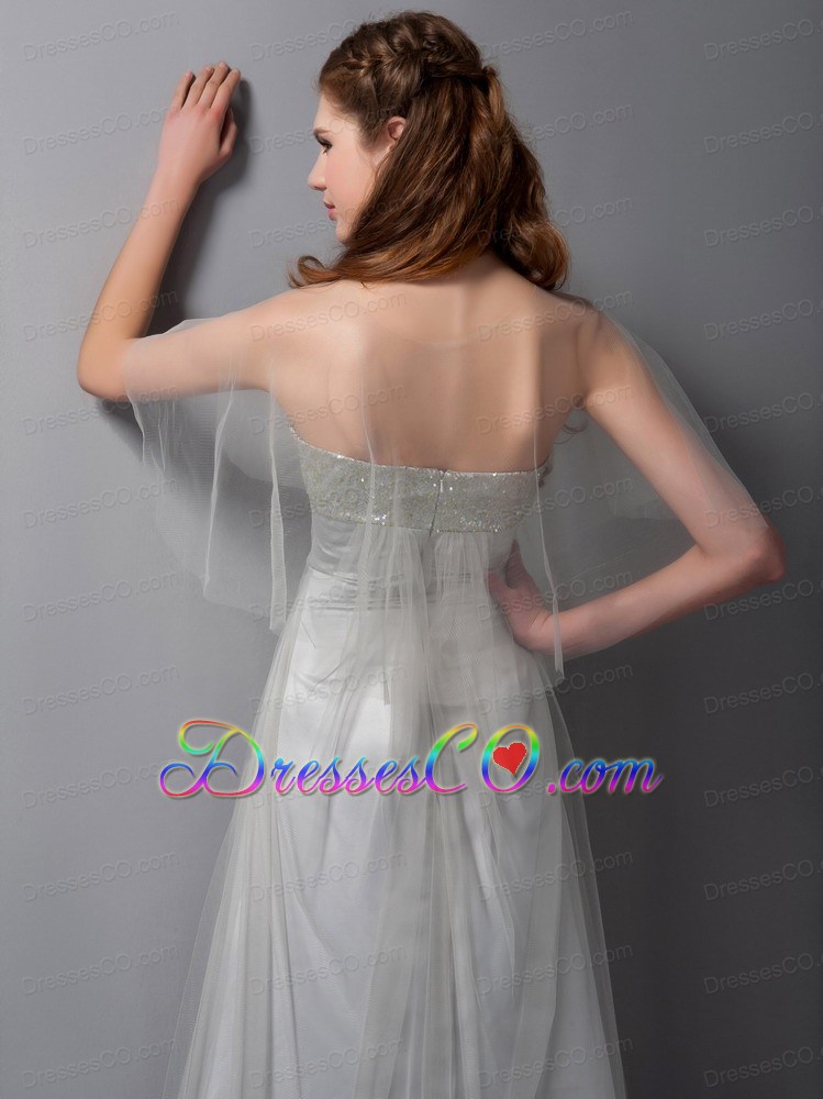 Customize Gray A-line Strapless Beading Bridesmaid Dress Long Tulle And Taffeta