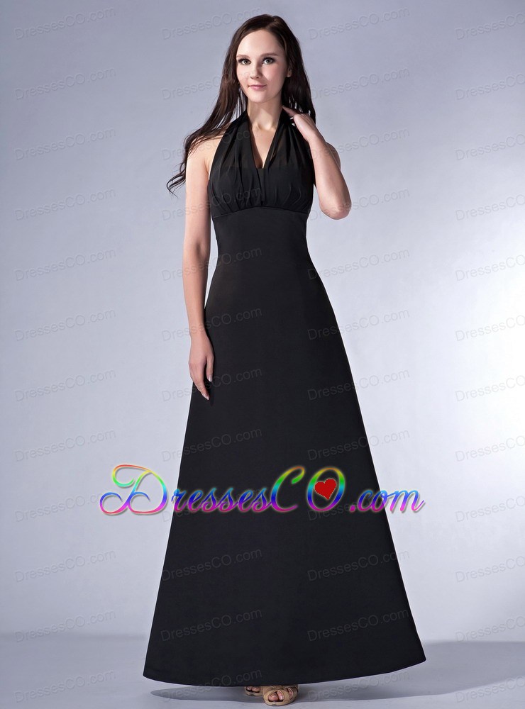 Simple Black Cloumn Halter Bridesmaid Dress Satin Ruched Ankle-length