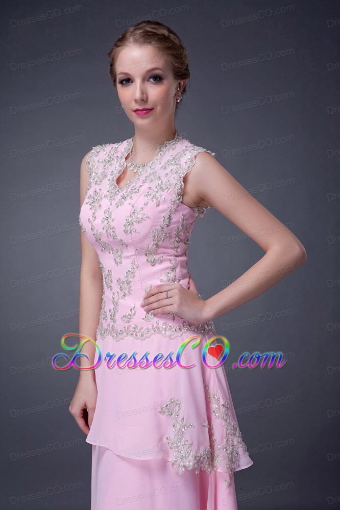Customize Baby Pink Empire V-neck Mother Of The Bride Dress Chiffon Long Appliques
