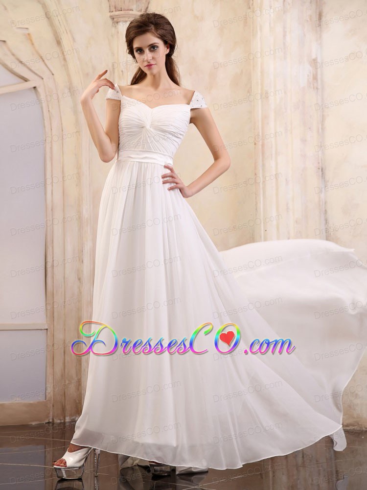 Empire Square Wedding Dress With Cap Sleeves and Brush Train Chiffon