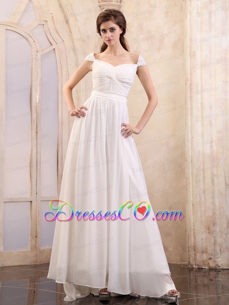 Empire Square Wedding Dress With Cap Sleeves and Brush Train Chiffon