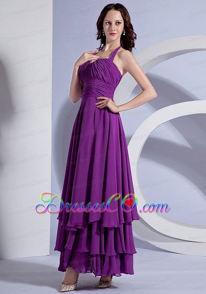 Ruching Decorate Up Bodice Purple Chiffon Ankle-length Halter Prom Dress