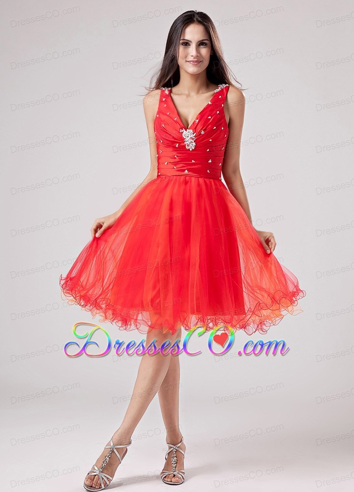 Red V-neck Sweet Prom Dress With Beading and Ruched Organza