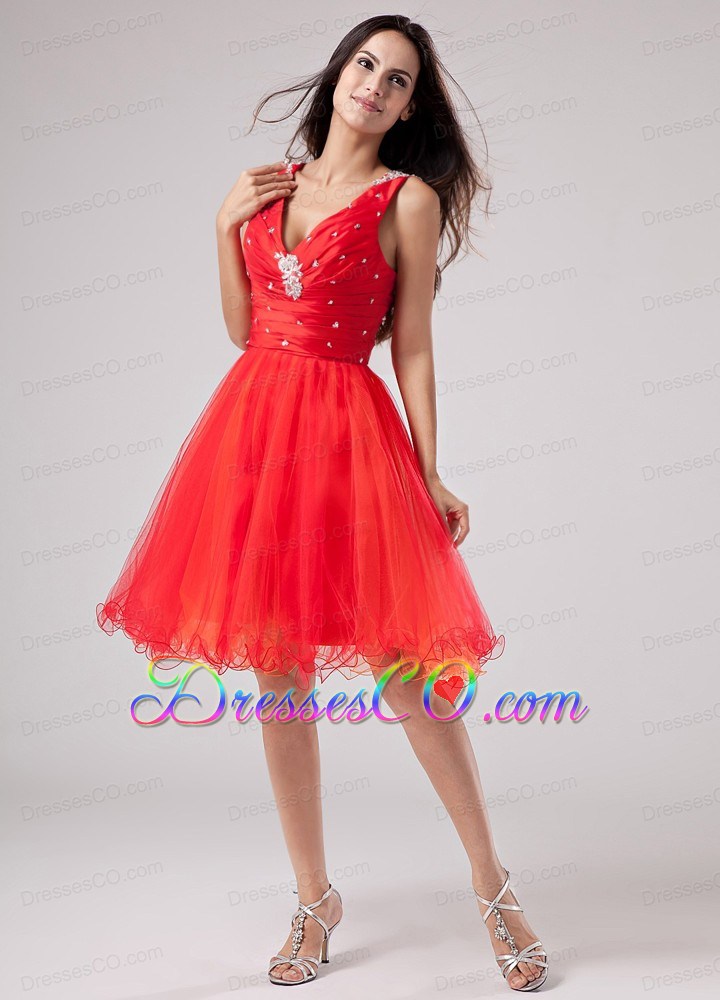 Red V-neck Sweet Prom Dress With Beading and Ruched Organza