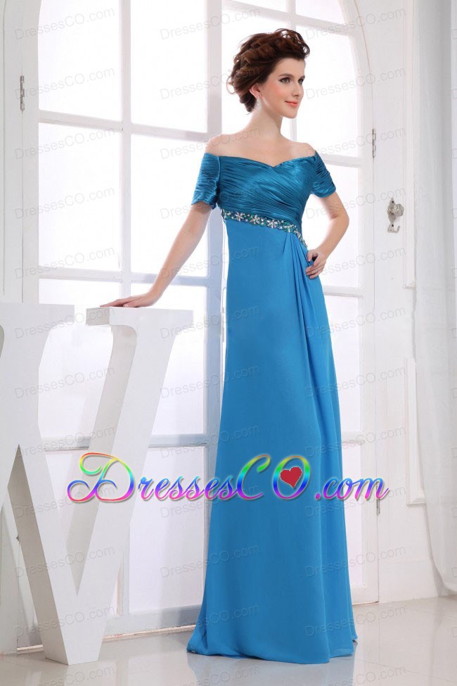 Beading Decorate Bodice Off The Shoulder Blue Chiffon And Taffeta Prom Dress Long