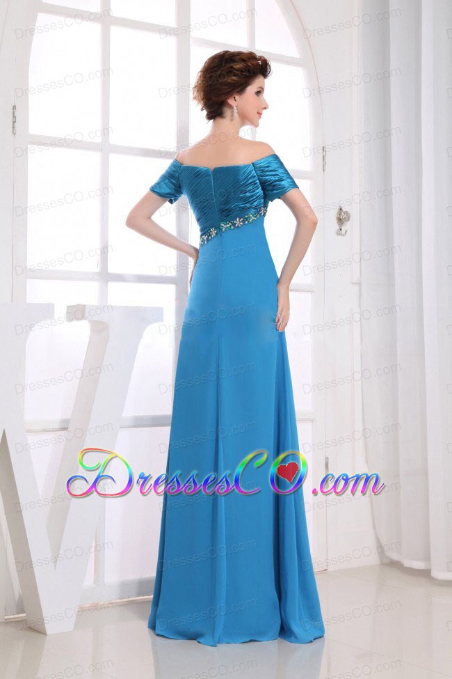 Beading Decorate Bodice Off The Shoulder Blue Chiffon And Taffeta Prom Dress Long