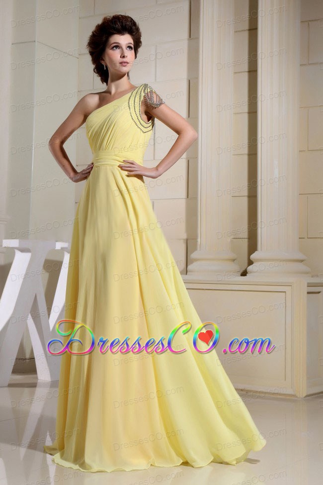 Beaded Decorate One Shoulder For Yellow Simple Prom Dress