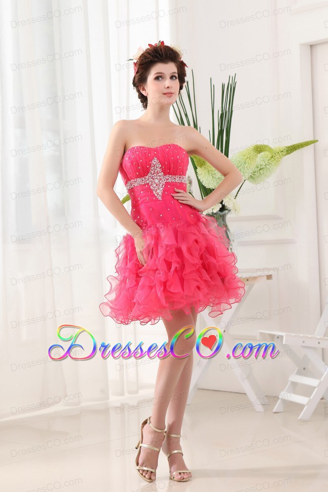 Hot Pink Prom Dress With Ruffled Layers and Beading Ruching
