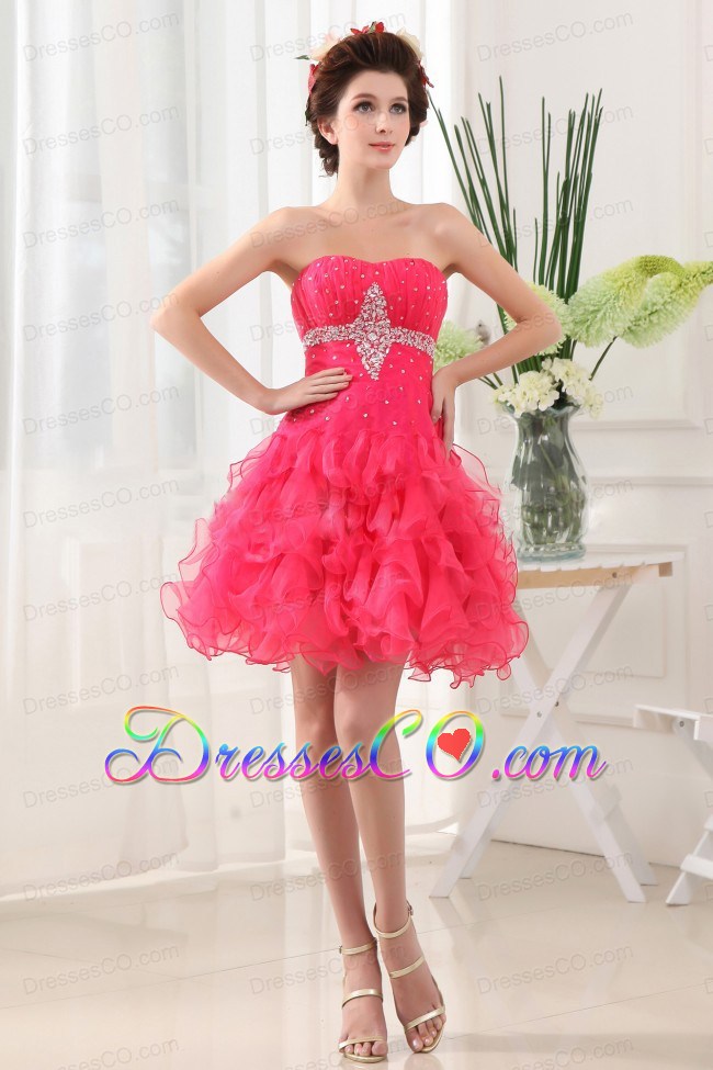 Hot Pink Prom Dress With Ruffled Layers and Beading Ruching