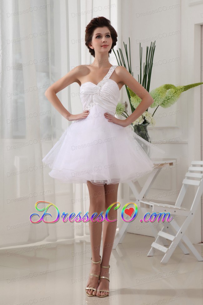 One Shoulder White And Ruching For Prom Dress With Organza Mini-length