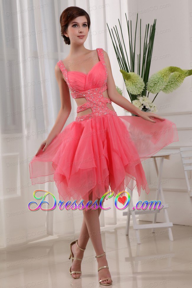Sexy A-line Knee-length Straps Organza Beading Prom Dress Watermelon