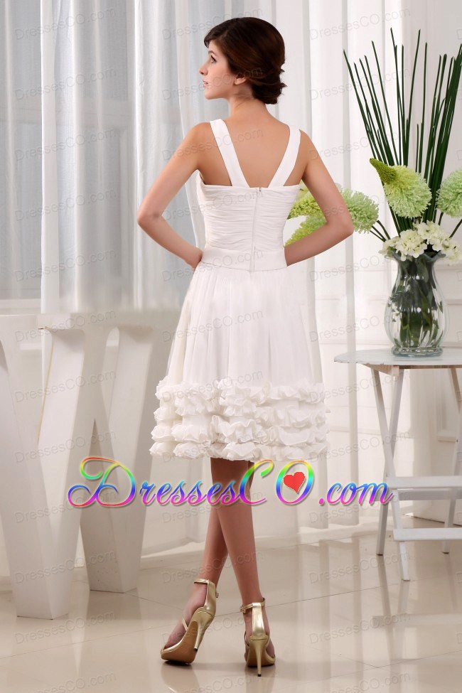 Ruffles A-line Chiffon V-neck Knee-length Prom Dress White