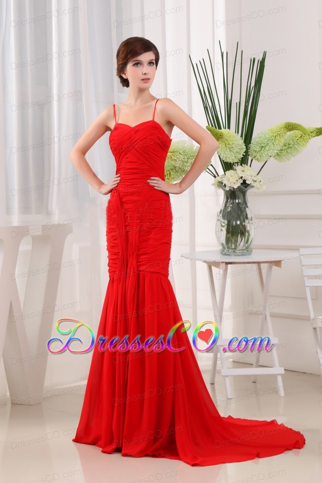 Mermaid Spaghetti Straps Chiffon Brush/Sweep Ruched Prom Dress Red