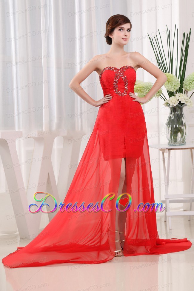 Sweet Red Prom Dress Brush Train Beading and Ruched