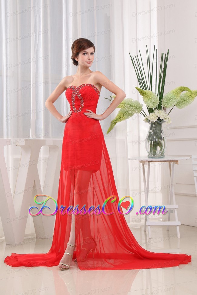 Sweet Red Prom Dress Brush Train Beading and Ruched