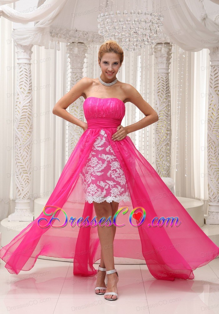 Hot Pink High-low Prom Dress For Ruched Bodice Chiffon Strapless Lace