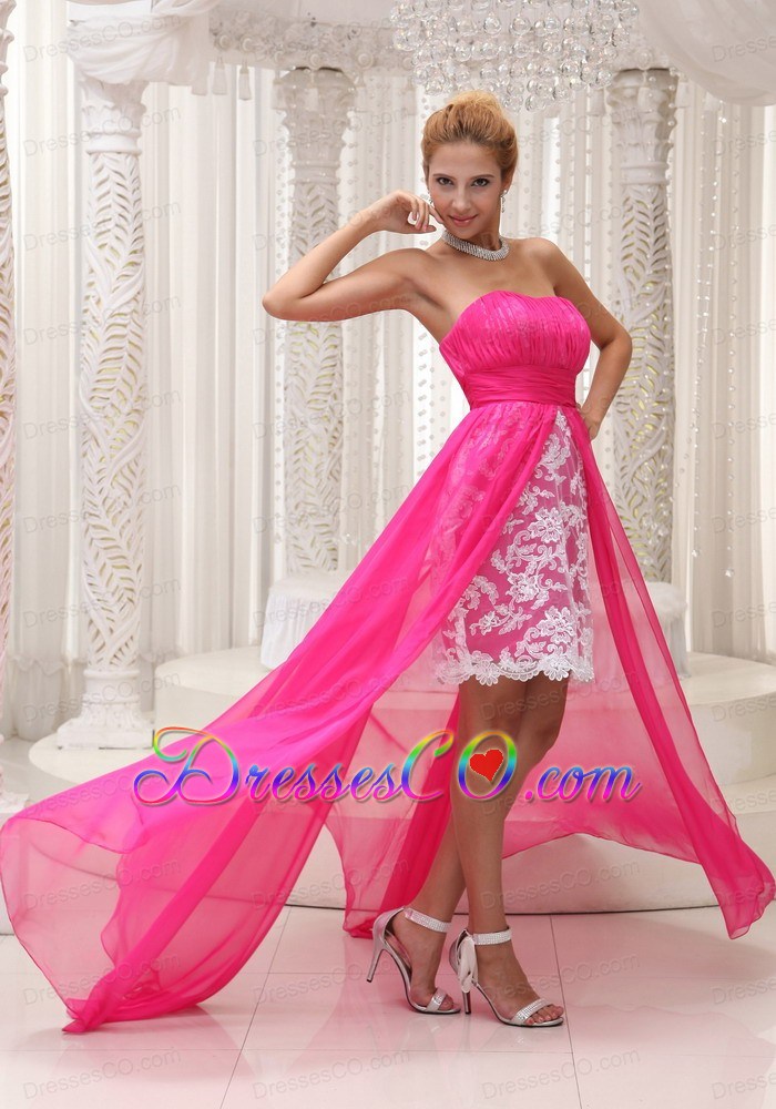 Hot Pink High-low Prom Dress For Ruched Bodice Chiffon Strapless Lace