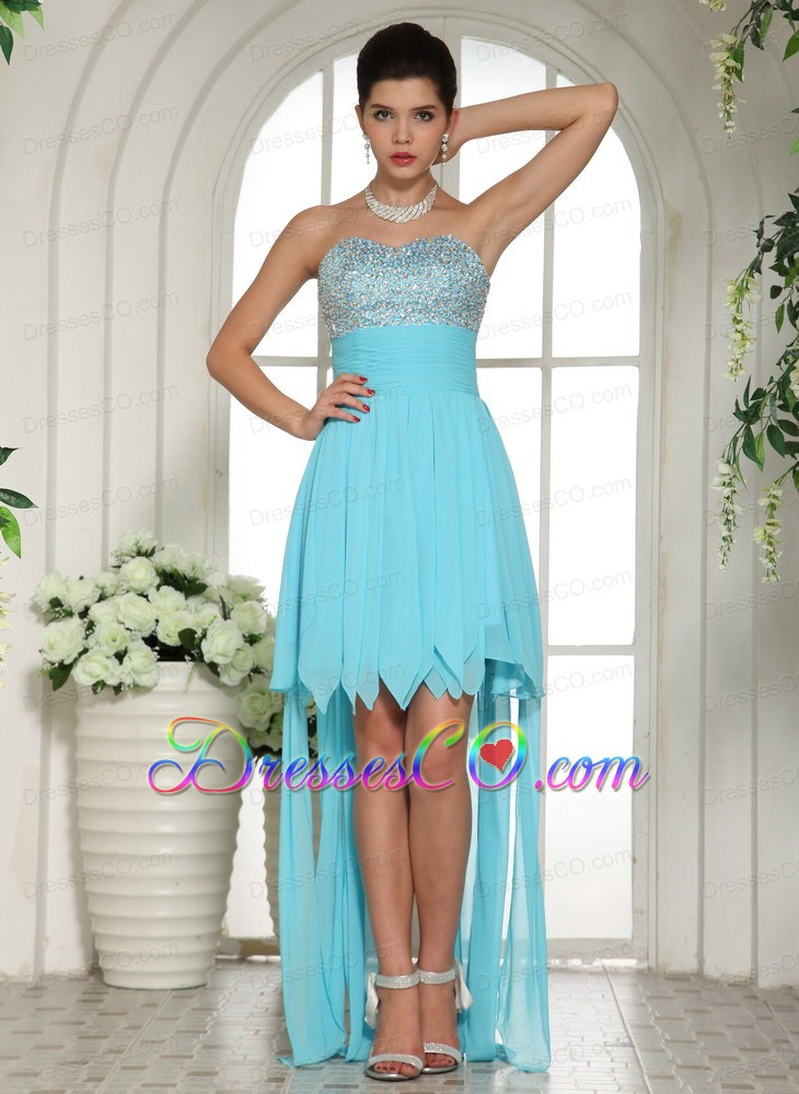 Aqua Blue Beaded High-low Prom Dress For Custom Made