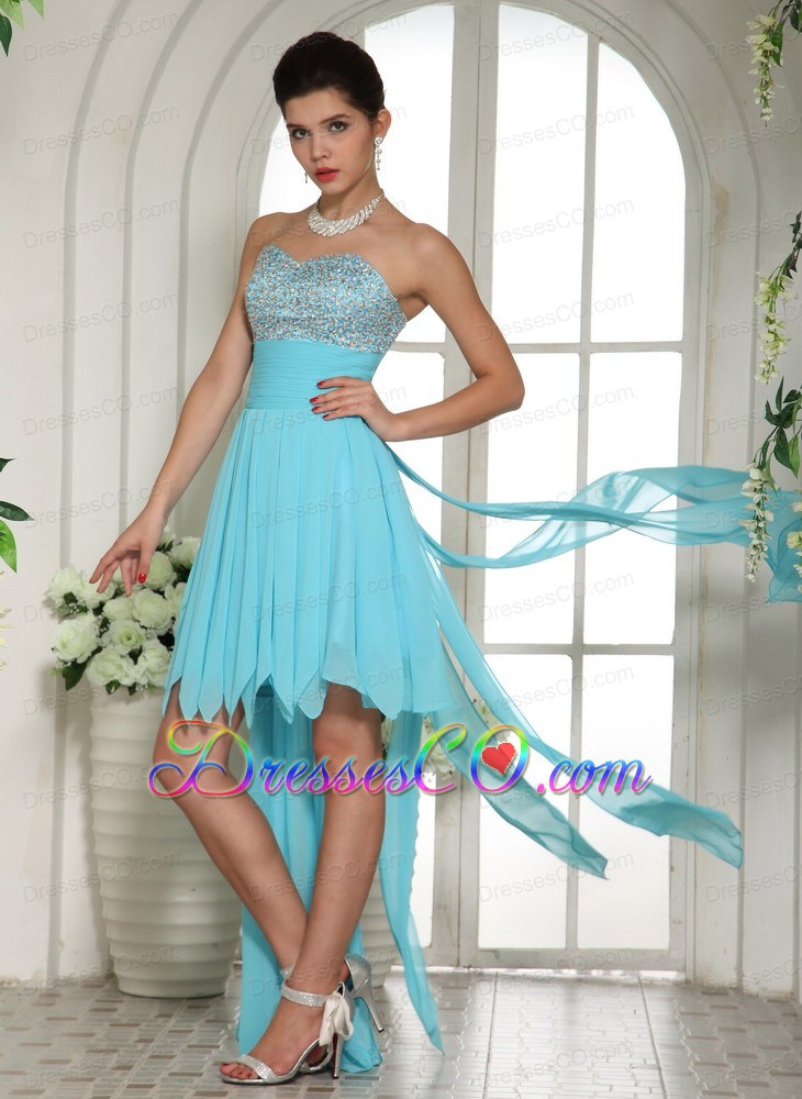 Aqua Blue Beaded High-low Prom Dress For Custom Made