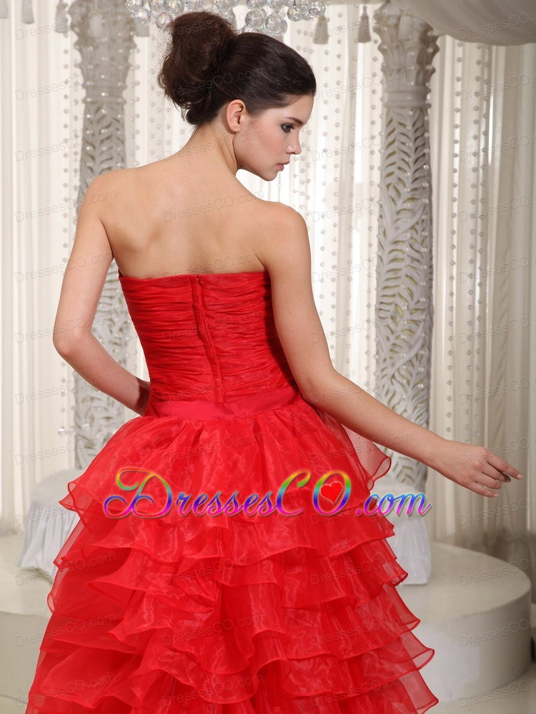 High-low Red Ruffles Strapless Organza Dress For Prom